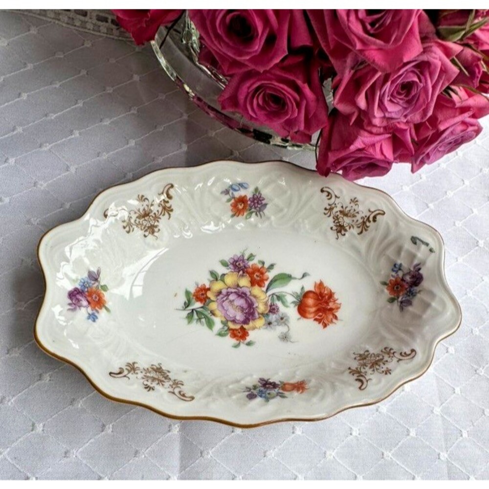 Schumann Bavaria Serving Bowl Gilt Dresden Floral Oval Scalloped Porcelain - Picture 2 of 14
